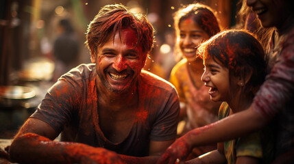 Happy father and daughter at the Holi festival