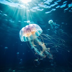 Jellyfish swims in the calm ocean