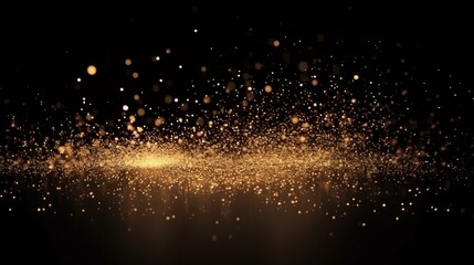 Golden glitter rain, gold particles glow with falling snow bokeh light effect. Golden sparks splash, shimmer glow flow on black background. Magic concept. New Year concept. Celebrate concept. - obrazy, fototapety, plakaty