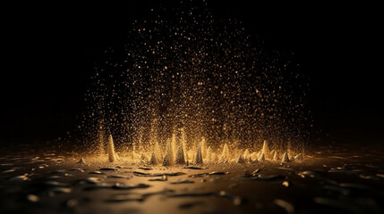 Golden glitter rain, gold particles glow with falling snow bokeh light effect. Golden sparks splash, shimmer glow flow on black background. Magic concept. New Year concept. Celebrate concept.