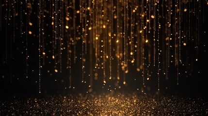 Golden glitter rain, gold particles glow with falling snow bokeh light effect. Golden sparks splash, shimmer glow flow on black background. Magic concept. New Year concept. Celebrate concept.