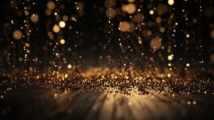 Golden glitter rain, gold particles glow with falling snow bokeh light effect. Golden sparks splash, shimmer glow flow on black background. Magic concept. New Year concept. Celebrate concept.