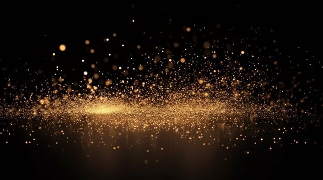 Golden glitter rain, gold particles glow with falling snow bokeh light effect. Golden sparks splash, shimmer glow flow on black background. Magic concept. New Year concept. Celebrate concept. - Powered by Adobe
