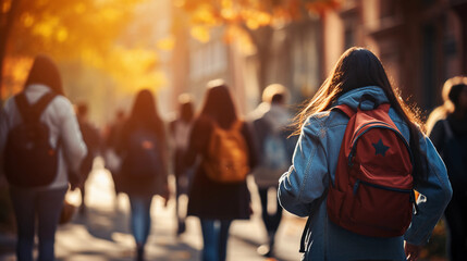  Students walking down the street, back view. Bright sunny  light