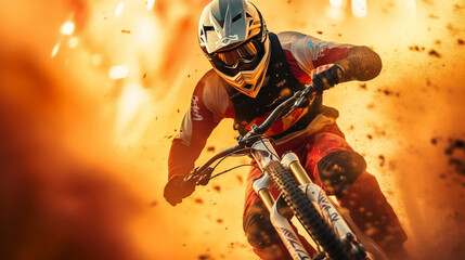 Extreme BMX bicycle rider on blurred dusty flare background