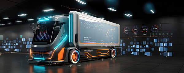 futuristic electric truck delivery parked in warehouse storage parking with full self driving system activated for transportation autonomy concepts as wide banner hud datum with copy space area