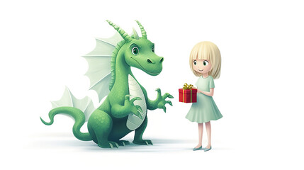 Dragon and little girl with gift
