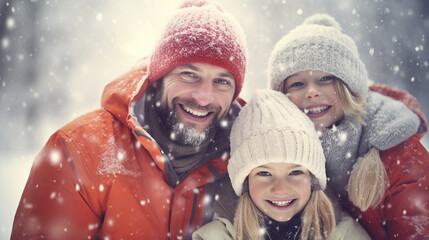 father and daughters against a background of snowflakes