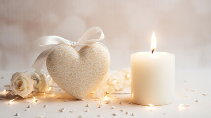 candles, gifts with red ribbons and hearts around. Copy space. Valentine's Day.Generative AI