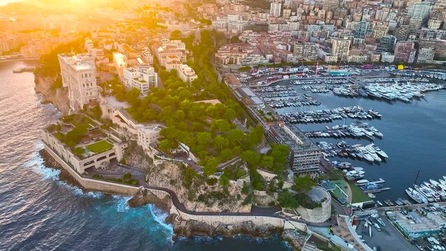 Sunset view of Monaco, a sovereign city-state on the French Riviera, in Western Europe, on the Mediterranean Sea