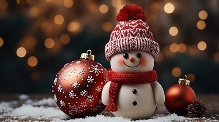 Joyful snowman with a knitted hat and scarf amongst Christmas baubles. Charming snowman decoration in a winter holiday scene.