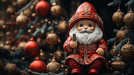 Ornate Santa Claus figurine surrounded by golden christmas baubles. Festive holiday Santa decoration with rich red costume.