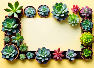 indoor flowers succulents on yellow background with place for text top view