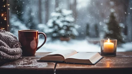  Peaceful winter moment with a hot mug and book by the snowy window. Cozy Christmas time with knitted blanket, candlelight, and a good read. © Irina.Pl