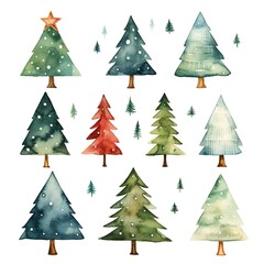 Obraz premium Set of watercolor Christmas trees in festive colors. Colorful collection of watercolor pines for holiday celebrations.
