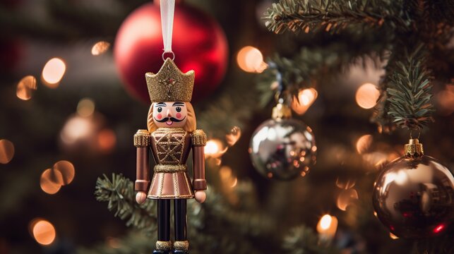 Golden crowned nutcracker ornament against blurred Christmas lights. Whimsical Christmas tree decoration with a nutcracker king.
