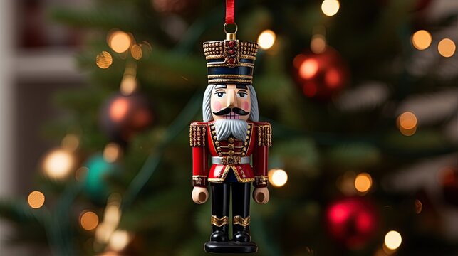 Regal nutcracker soldier ornament in red and black uniform on Christmas tree. Traditional wooden nutcracker decoration with a holiday backdrop.