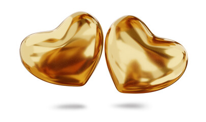 golden hearts isolated 3d-illustration, metallic glossy luxury elegance, two hearts