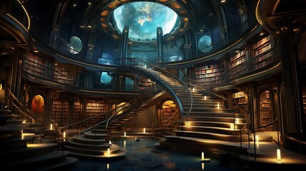 A library with a section for science fiction and fantasy novels.