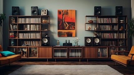 A library with a section for vintage vinyl records and record players.