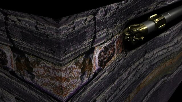 3D cross section and oil industry animation of subsurface view drilling bit penetrating rock formation