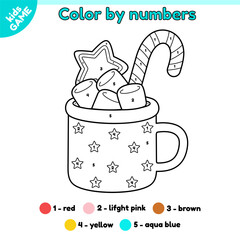 Kids game Color by numbers with Christmas cocoa mug with marshmallow, candy, gingerbread. Page of the holiday coloring book with cartoon New Year drink cup. Activity book for children. Vector design.