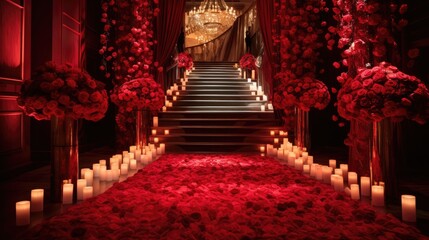 Fototapeta premium red carpet with rose flowers and candle surrounding romantic scene for couple weeding marriage 