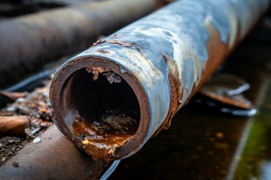 A very old damaged pipe. Background with selective focus and copy space