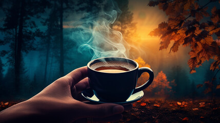 Uma imagem aconchegante com uma mão segurando uma xícara de café fumegante, tendo como pano de fundo vibrante uma floresta de outono - obrazy, fototapety, plakaty