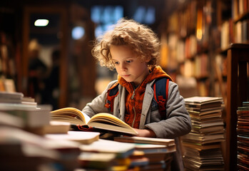 Uma criança olhando atentamente os livros de uma livraria, interessada em ler - obrazy, fototapety, plakaty