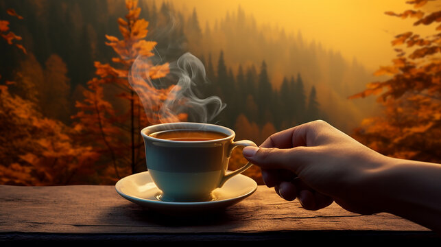 Uma imagem aconchegante com uma mão segurando uma xícara de café fumegante, tendo como pano de fundo vibrante uma floresta de outono