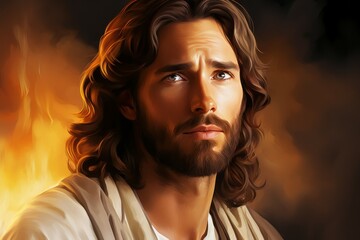Jesus Christ in a drawing style in warm colors. Religious concept with selective focus and copy...