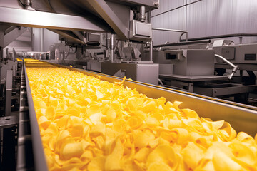 Conveyor line for frying potato chips production at modern food factory - obrazy, fototapety, plakaty
