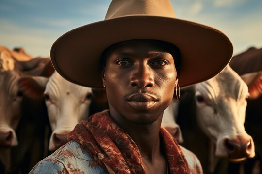 African American Cowboy From The South On A Farm. Portrait With Selective Focus And Copy Space