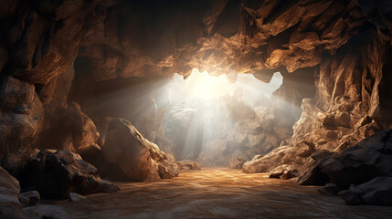 luz celestial entrando na caverna  - obrazy, fototapety, plakaty