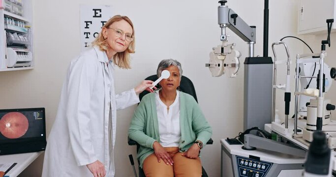 Eye care exam, patient and optometrist woman cover vision for optical service test, ocular support or medical ophthalmology. Oculist clinic, optometry equipment and expert check client for strabismus