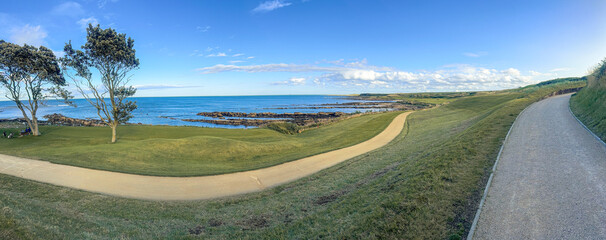 St Andrews, Scotland - September 21, 2023: Seaside views alongside the Kingsbarns Golf Course on...