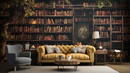 A library with book-themed wall murals. - obrazy, fototapety, plakaty