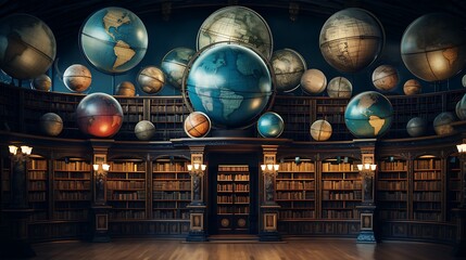 A library with a wall of globes and maps.