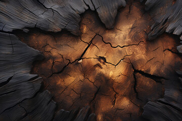 焦げた木の皮をクローズアップして詳細にマクロ背景。A close-up, detailed macro view of charred wood bark, revealing a dark texture. This background showcases the intricate patterns of burned and scratched cork　Generative AI - obrazy, fototapety, plakaty