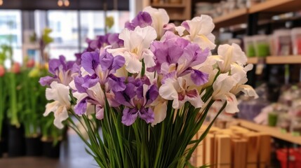 Beautiful iris flowers. Mother's day concept with a space for a text. Valentine day concept with a copy space.