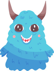 Cute furry monster with horns in blue color. Vector cartoon illustration