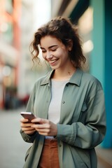 Smiling beautiful young woman browsing social media on mobile phone while standing on bright urban background. generative AI