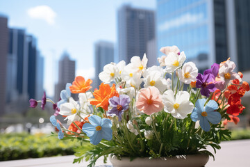 Spring flowers on city skyscraper background.