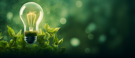 Sustainable and renewable energy eco-friendly lightbulb banner with copy space,