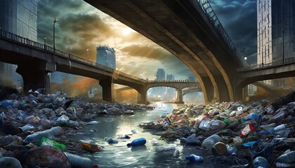 Fiume pieno di rifiuti che passa sotto i ponti di una città generato con ai - obrazy, fototapety, plakaty