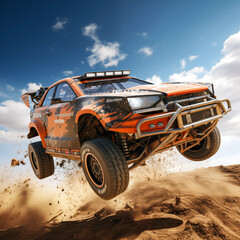 Racing off-road vehicle in the mountains. Extreme sport. Off-road vehicle in the desert. 3D illustration.