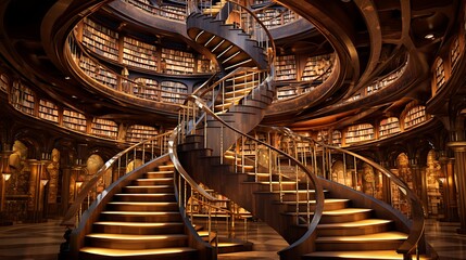 A library with a spiral staircase connecting multiple levels. - obrazy, fototapety, plakaty