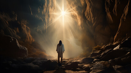 Jesus cristo caminhando em direção a  luz  - obrazy, fototapety, plakaty
