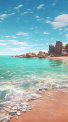 Beautiful beach with sand, rocks, turquoise ocean and waves, under blue sky with clouds on Sunny day. Summer tropical landscape, vertical illustration